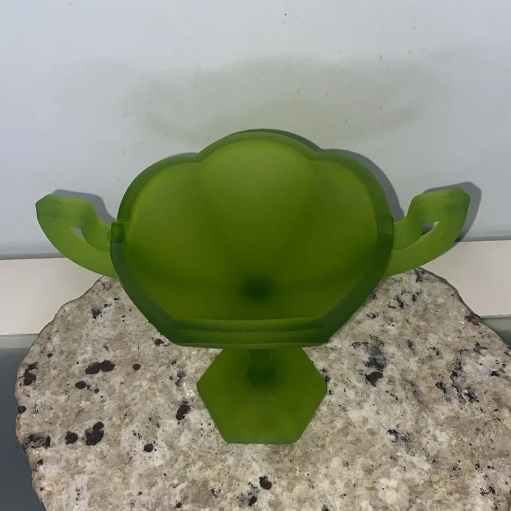 Vintage Westmoreland Avocado Green Satin Glass Pedestal Compote Candy Dish